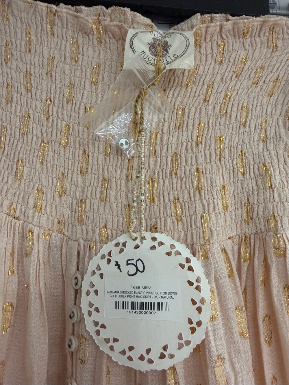 Smocked Tiered Maxi Skirt in Blush with Gold Accents - Picture 4 of 6